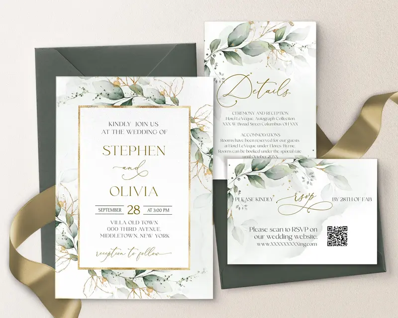 Greenery Wedding Invite Suite Gold Border RSVP & Details Card