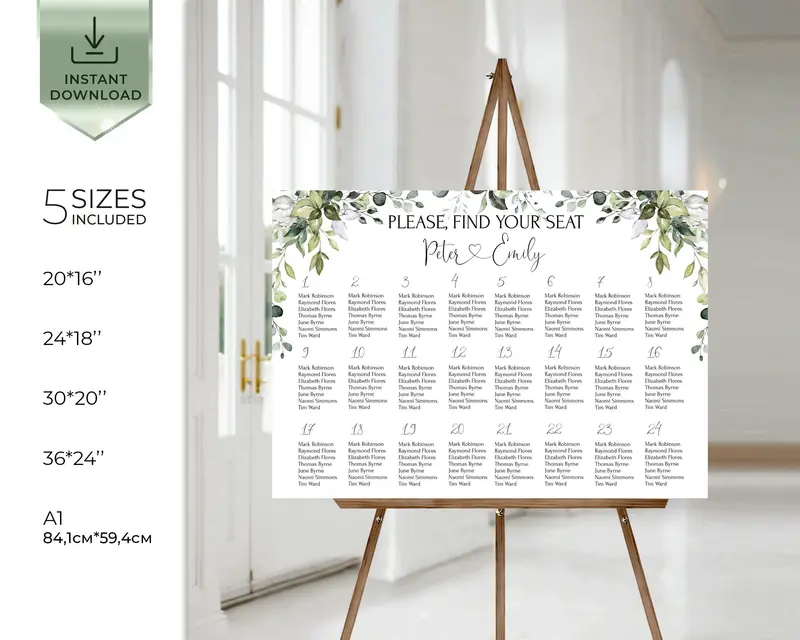 Greenery Wedding Seating Chart | 6 Sizes | DIY Find Your Seat Board