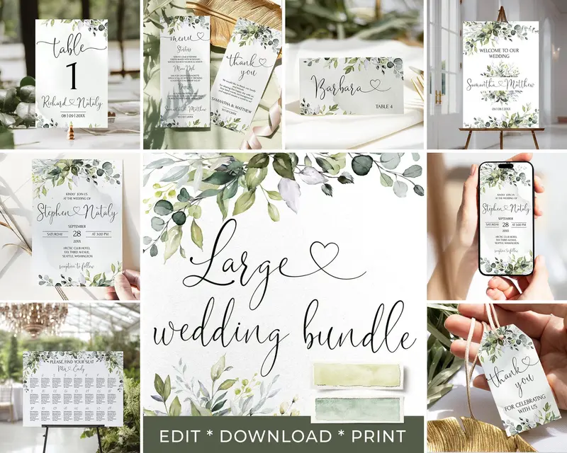 Greenery Wedding Stationery & Signage Bundle | Editable Printables