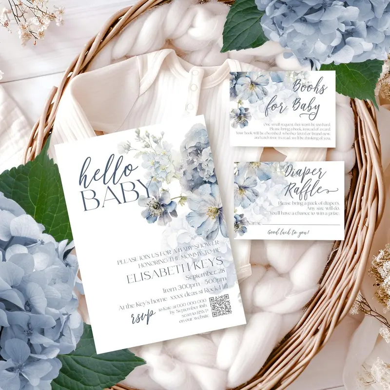 Hello Baby Shower Invitation Set | 7 Items | Blue Floral Printable Bundle