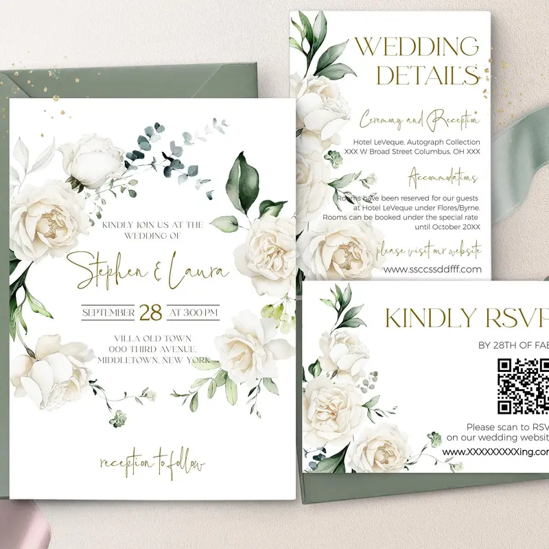 Ivory Rose Wedding Invitation Suite | Cream White RSVP with QR Code