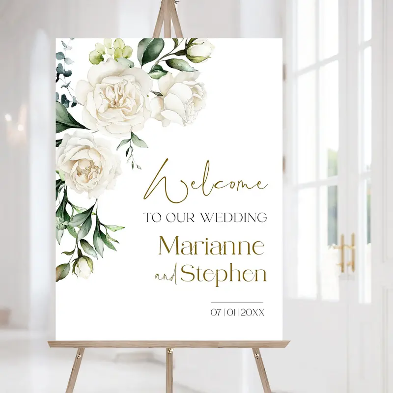 Ivory Rose Wedding Welcome Sign | 6 Sizes | White Floral Editable Poster