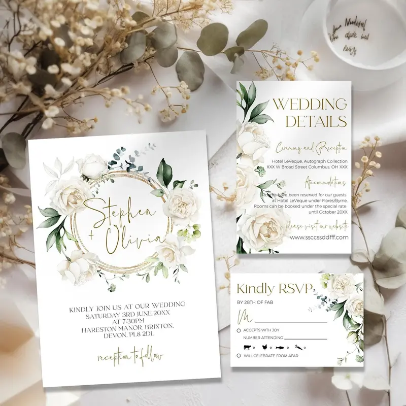 Ivory Wedding Invitation Set | 5 Templates | White Rose RSVP & Details Card
