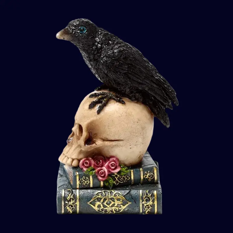 Kråka på en dödskalle och böcker (blå) - Dark Academia Decor