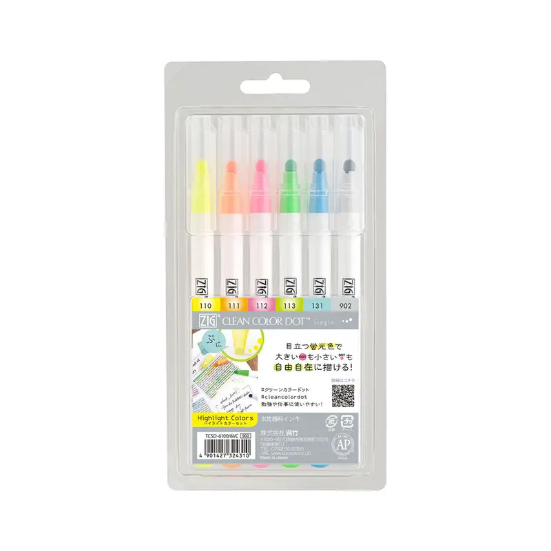 Kuretake ZIG Clean Color Dot Set of 6 - Highlight Color