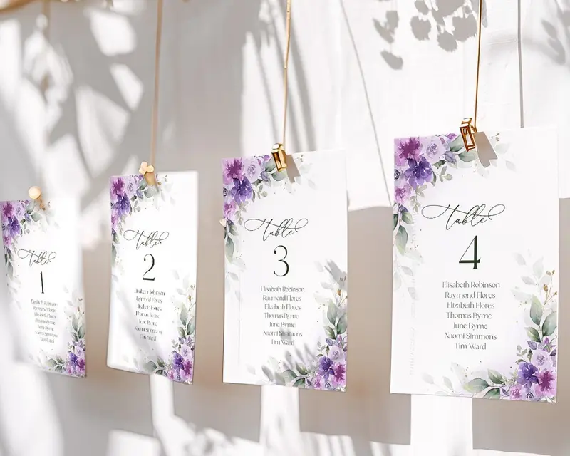 Lilac Floral Seating Cards,  Elegant Purple Wedding Printables