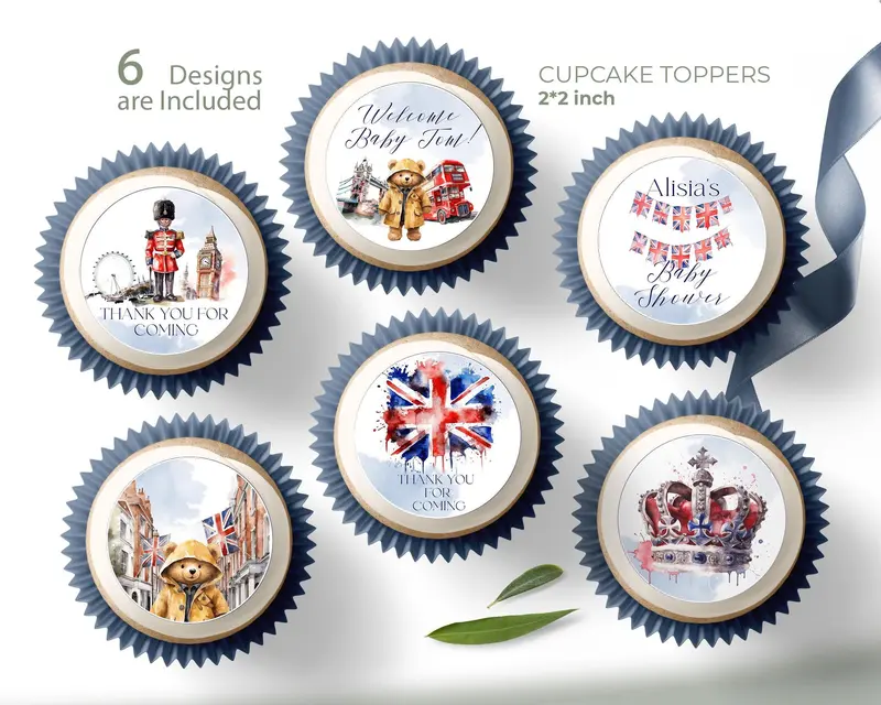 London Baby Shower Cupcake Toppers with Teddy Bear & UK Icons