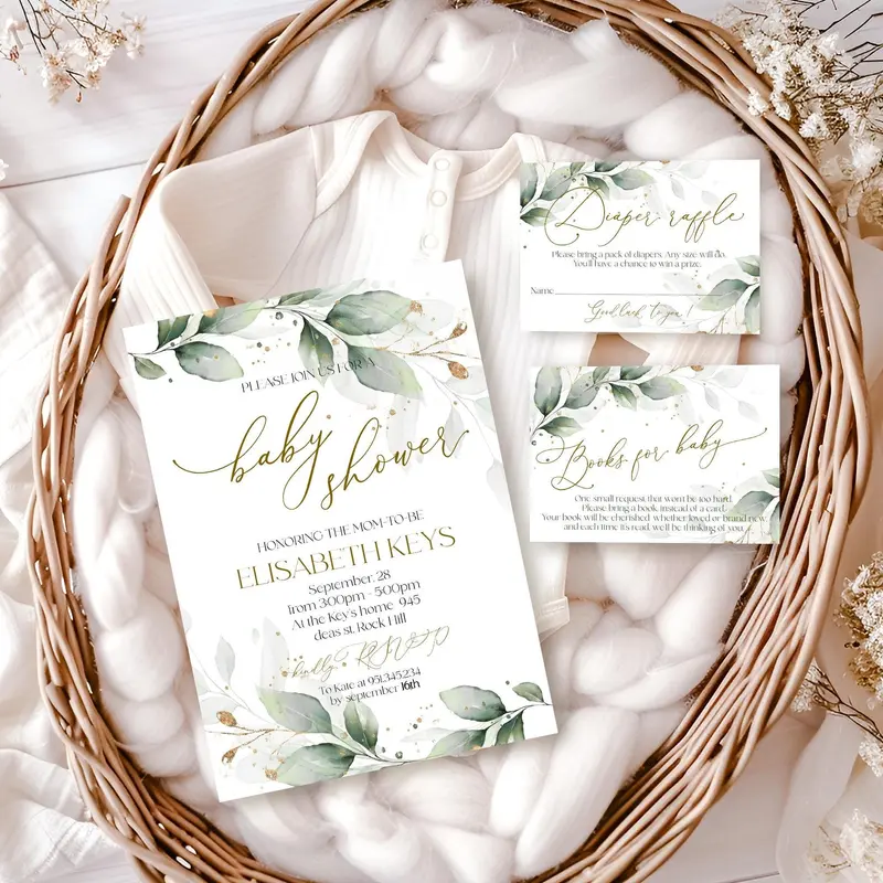 Luxury Greenery Baby Shower Invitation Set Gold Botanical Theme