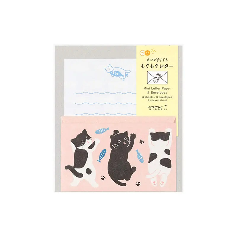 Midori Mogumogu Mini Letter Set with Animal Sealing Sticker - Cat
