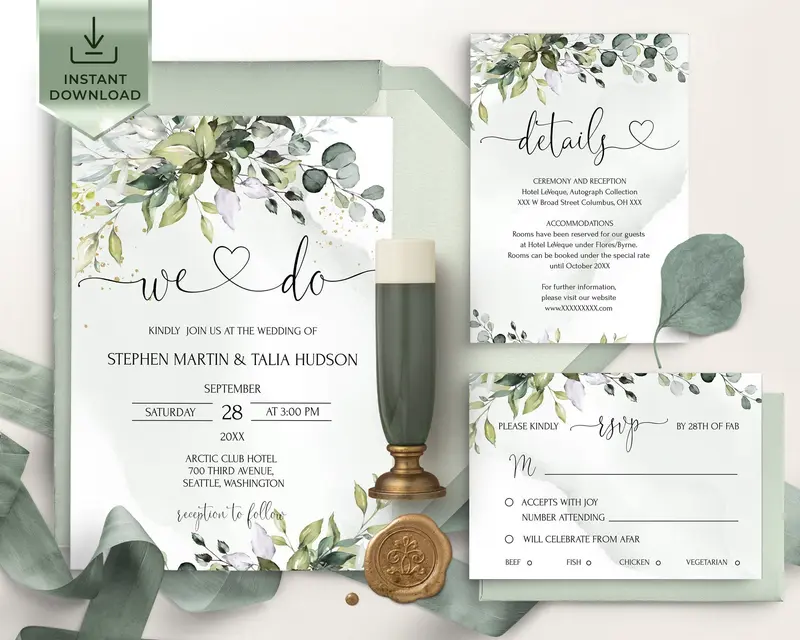 Minimalist Greenery Wedding Invite Suite with RSVP Card