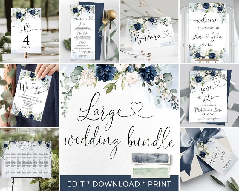 Navy Blue Floral Wedding Bundle | Editable Printable Stationery Set
