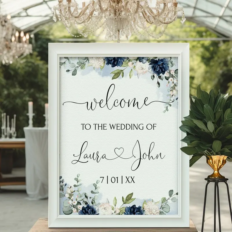 Navy Blue Wedding Welcome Sign | 5 Sizes | Personalized Reception Board