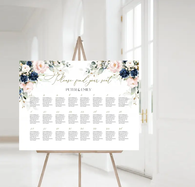 Navy Blush Gold Seating Chart | 6 Sizes | Floral Wedding Seating Board