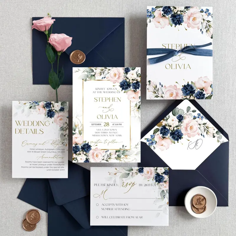 Navy Wedding Invitation Suite Blush Floral Editable Cards