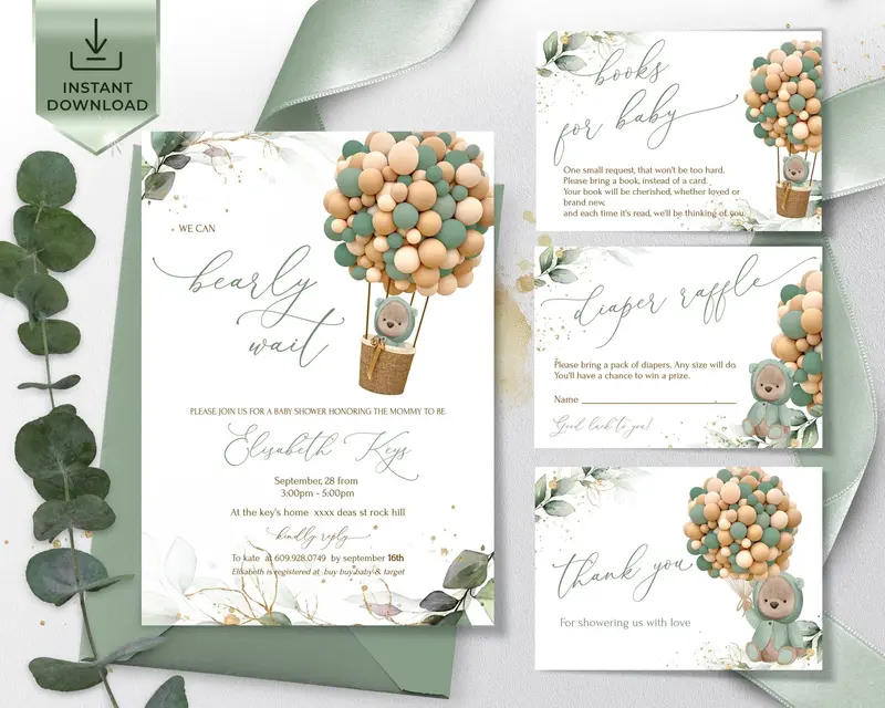 Neutral Green Baby Shower Stationery Set with Balloon Bear Theme