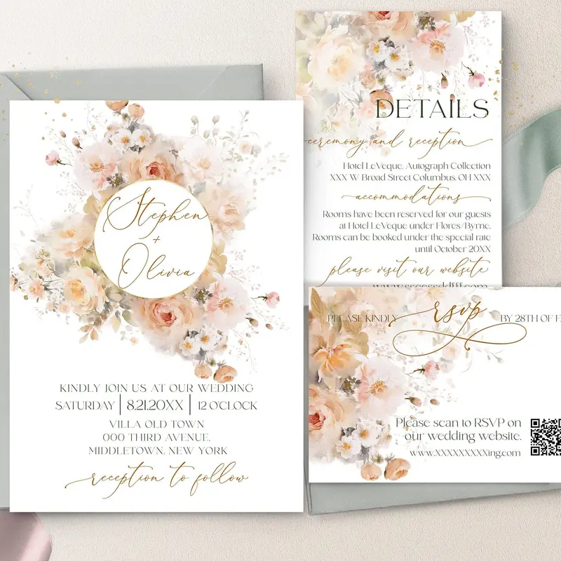 Peach Fuzz Wedding Invitation Set | 5 Items | Personalized Printables