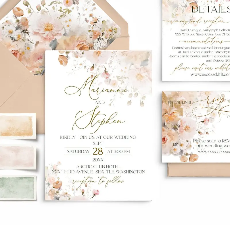 Peach Fuzz Wedding Invitation Suite | Watercolor Bohemian Invitation set