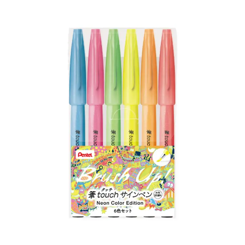 Pentel Fude Touch Brush Sign Pen Neon Color 6-color Set