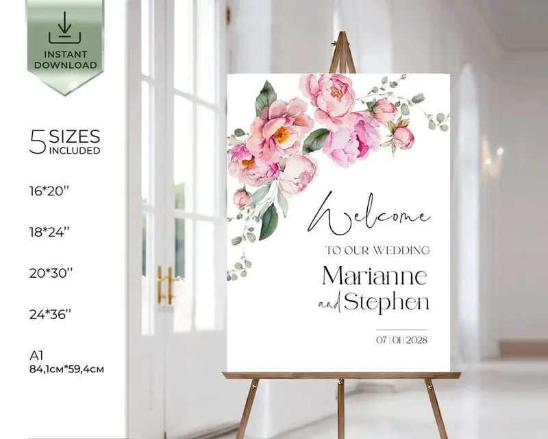 Peony Wedding Welcome Sign | Printable Peonies Wedding Welcome Board