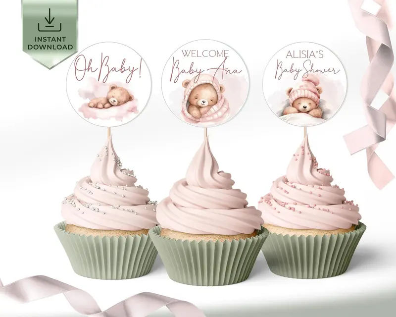 Pink Cupcake Toppers Baby Girl Shower | Instant Download Favor Decorations