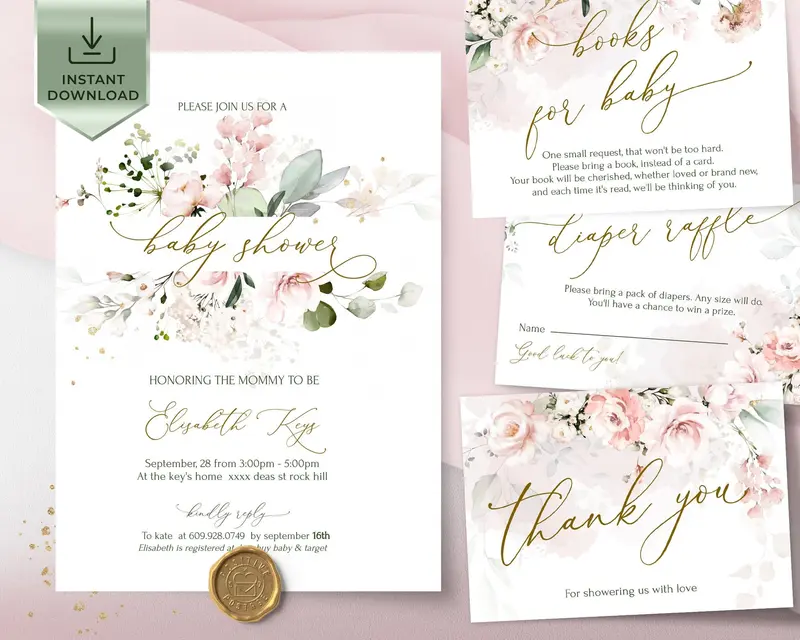Printable Blush Baby Shower Suite | Invite & Matching Cards