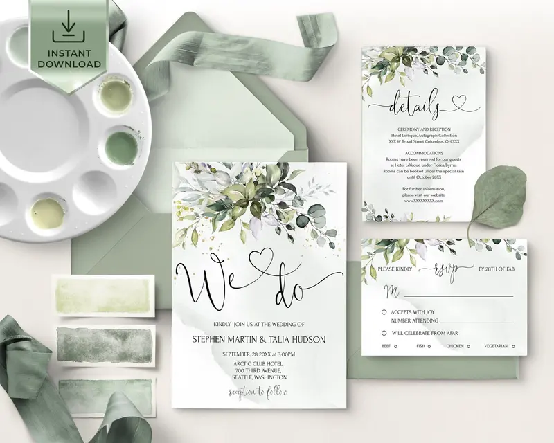 Printable Eucalyptus Wedding Invitation Set with RSVP Card