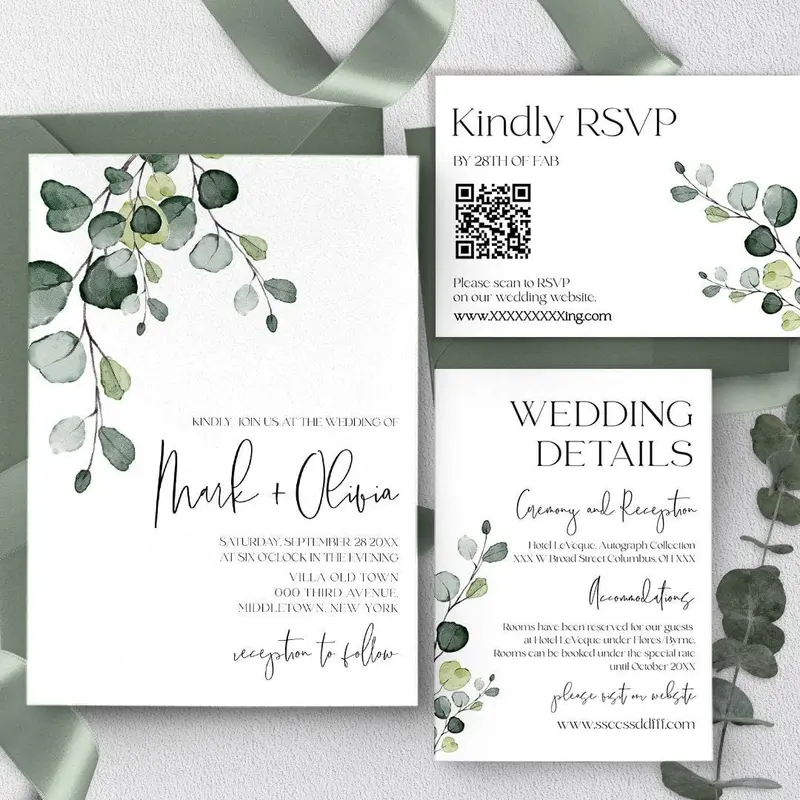 Printable Modern Wedding Invitation Suite | 5 Items | Greenery Inspo