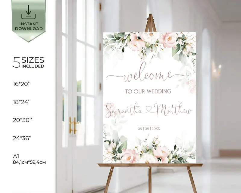 Printable Wedding Welcome Poster | DIY Pink Florals (16x20–A1)