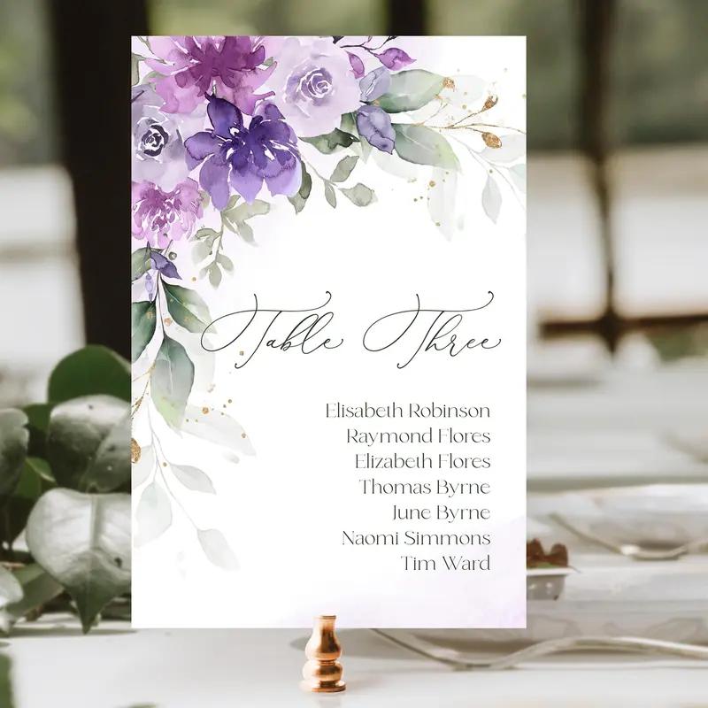 Purple Floral Table Seating Card, Lilac Wedding Table Décor