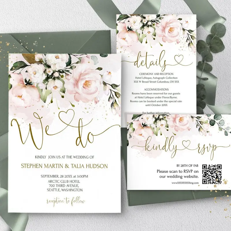 Romantic Blush Floral Wedding Suite with QR Code RSVP