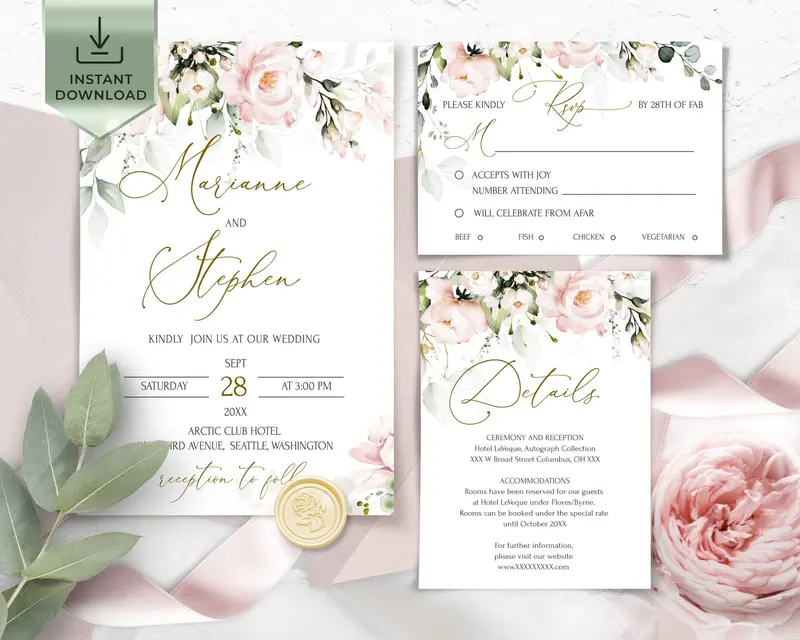 Romantic Blush Wedding Stationery Bundle | Invite RSVP Details