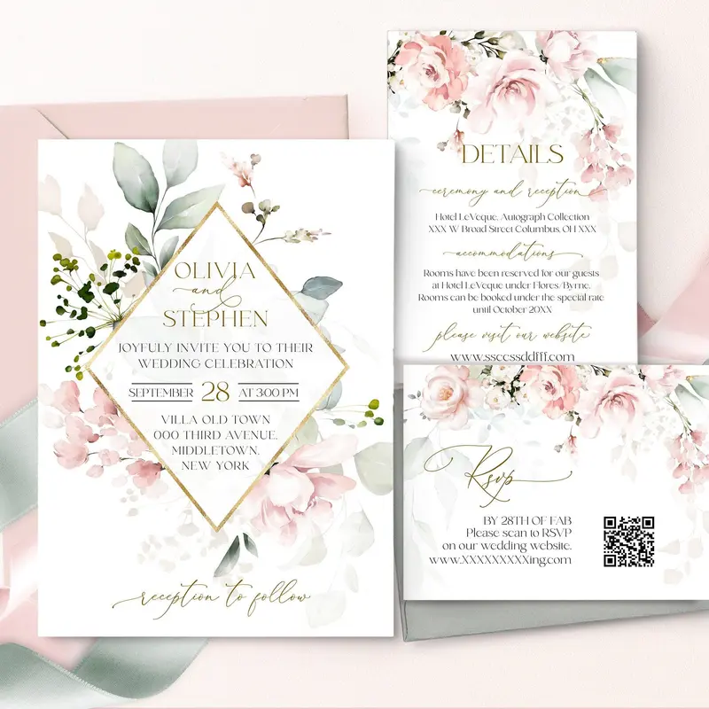 Romantic Blush Wedding Suite Gold Frame Invite + RSVP Card