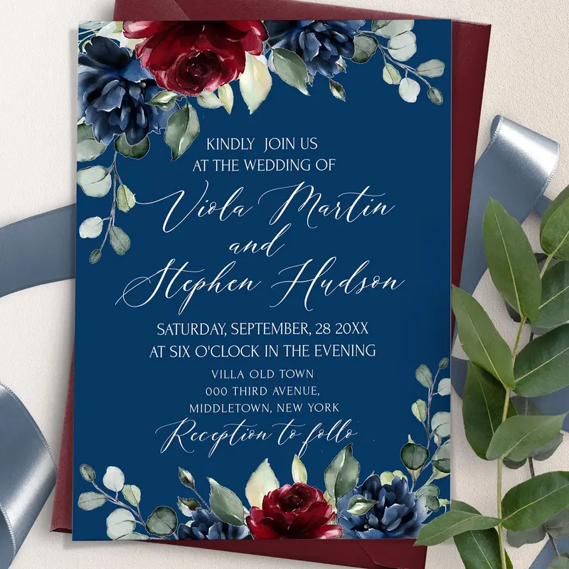 Romantic Burgundy & Navy Floral Invitation | 3 Sizes | DIY Bride Inspo