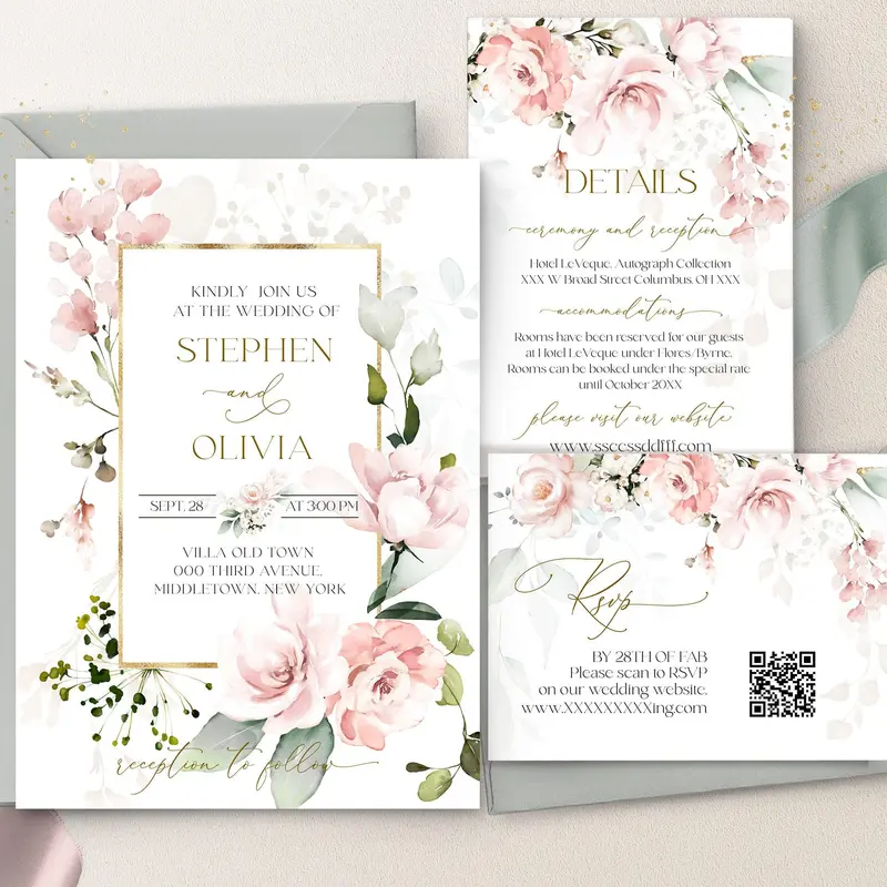 Romantic Pink Wedding Invitation Set Gold Frame Printable