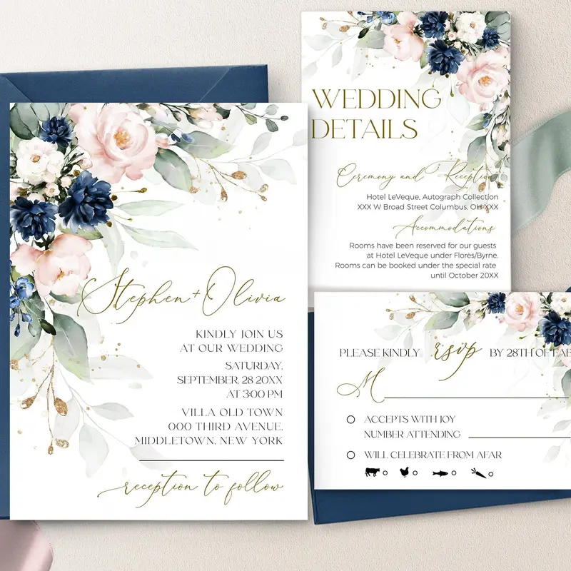 Royal Blue & Blush Wedding Invite Suite | 5 Items | Personalized Stationery