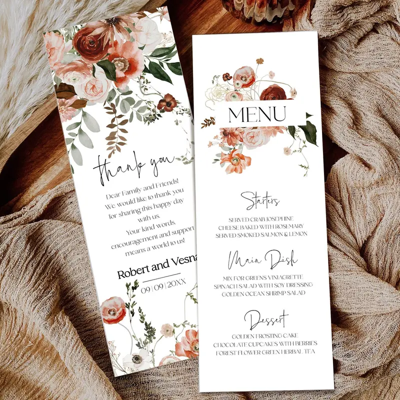 Rust Orange Floral Wedding Menu Printable Minimal Modern