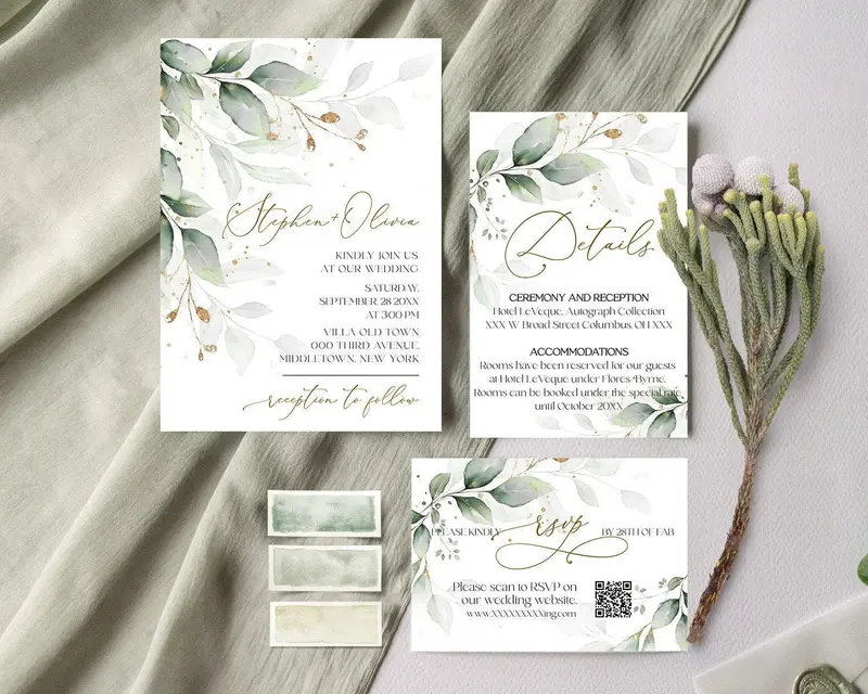Sage Green Wedding Suite with Gold Script | Invite RSVP Details