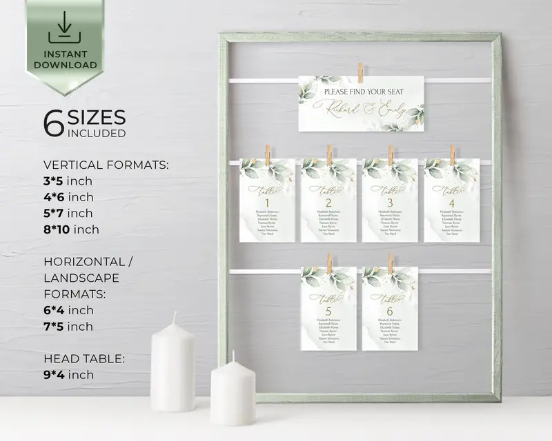 Sage Wedding Seating Cards | Hanging Table Plan Printable
