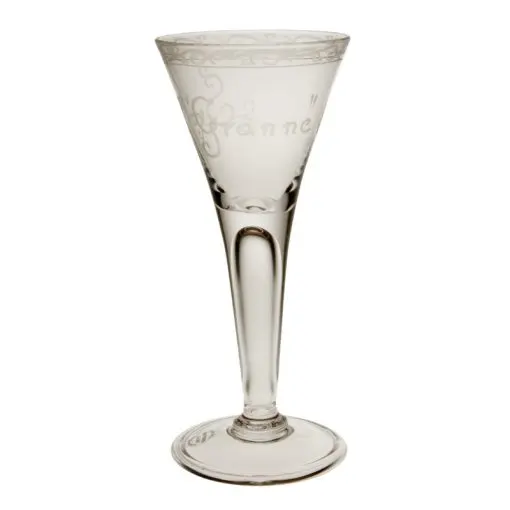 Spetsglas med gravering, ”Skål granne”