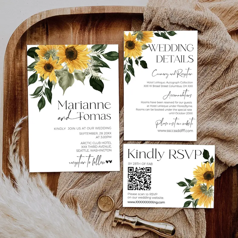 Sunflower Wedding Invitation Set with QR Code | Rustic RSVP Cards