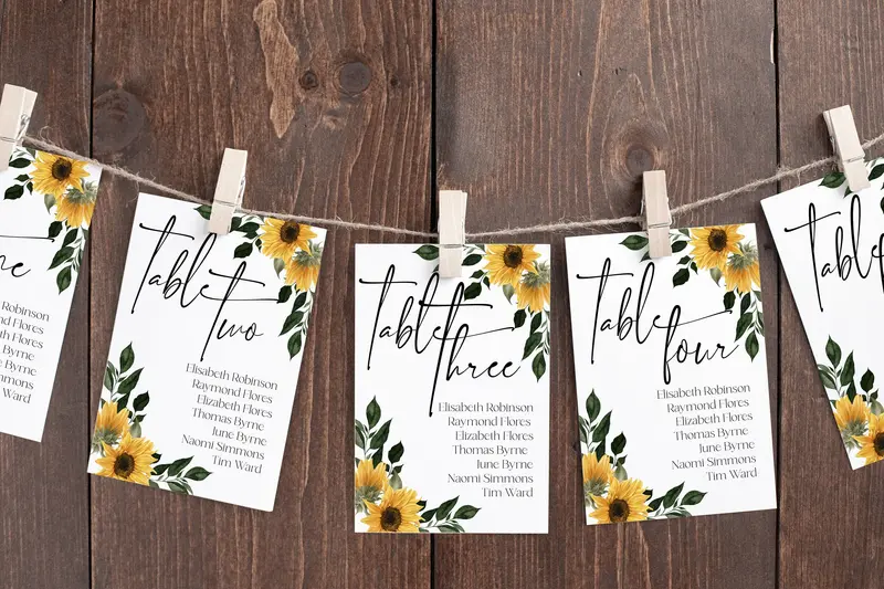 Sunflower Wedding Seating Chart Cards – Rustic Printable Décor
