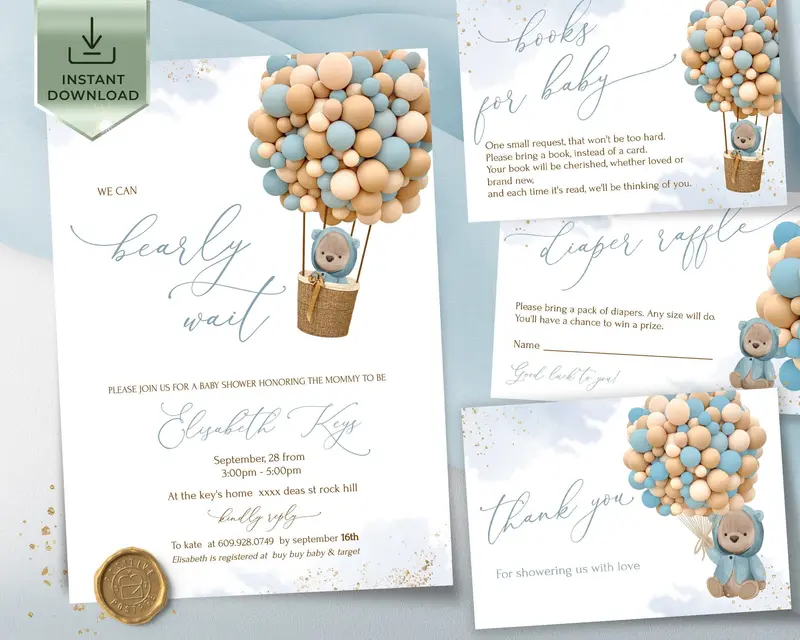 Teddy Bear Baby Shower Invitation Suite | 7 Items Included