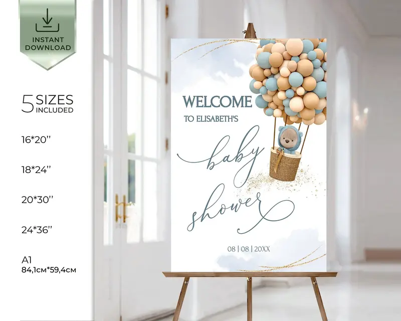 Teddy Bear Baby Shower Welcome Sign with Hot Air Balloon