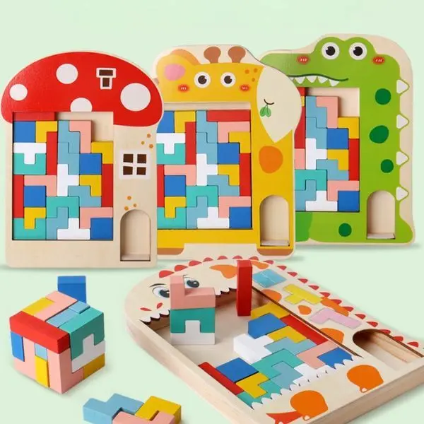 Tetris Pussel i trä med färgglada figurer