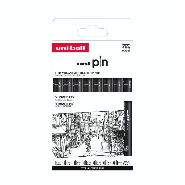 Uni Pin Fineliner 8-pack Black 0,05/0,2/0,4/0,6/0,8/1,0/1,2/BR
