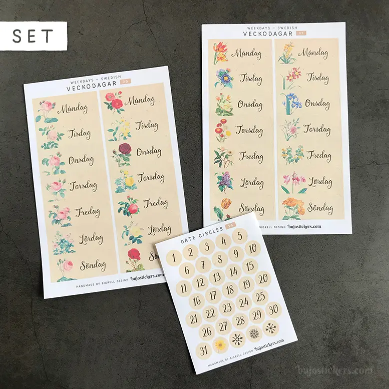 Veckodagar och datum SET • Weekdays in Swedish + dates SET • 30+31+15