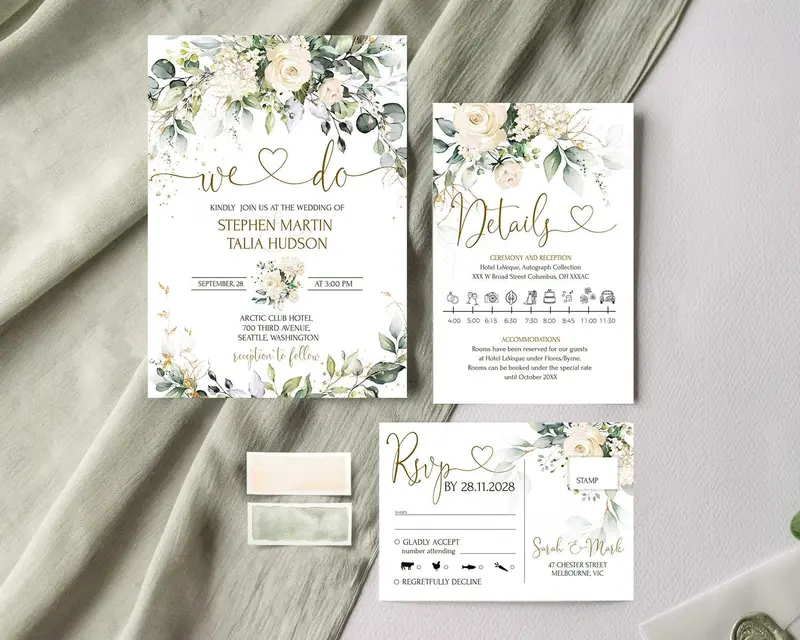 We Do Creamy Rose Wedding Invitation Set | Editable Bundle