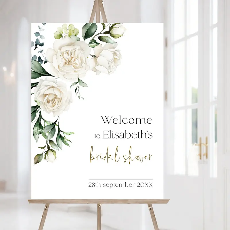 White Rose Bridal Shower Welcome Sign | 6 Sizes | Ivory Floral Party Poster