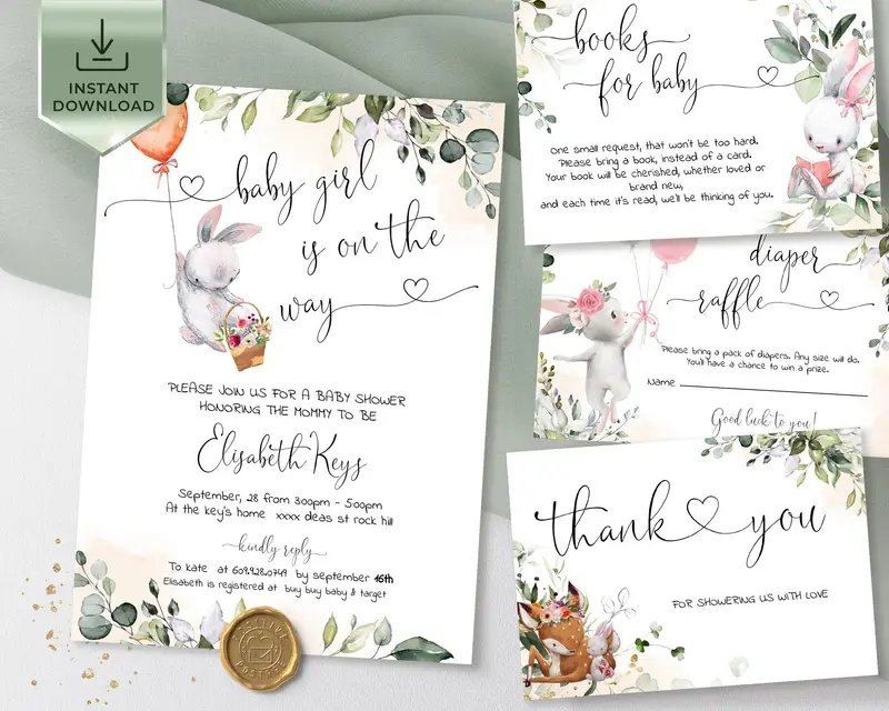 Woodland Baby Girl Shower Invitation Bundle with Bunny Theme